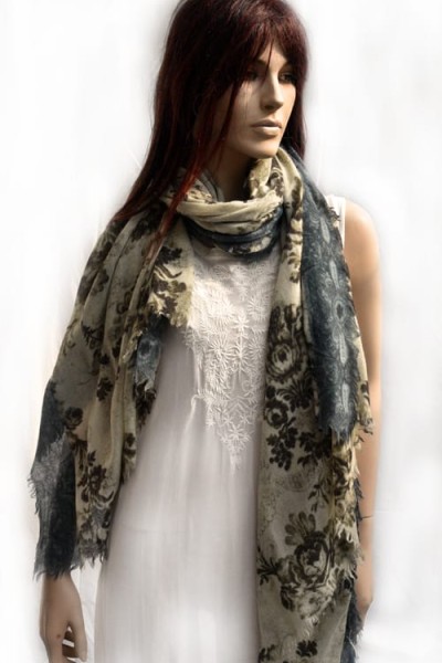 Wollen sjaal of stola, vintagelook, oudblauw, vintagegroen, pastelgroen