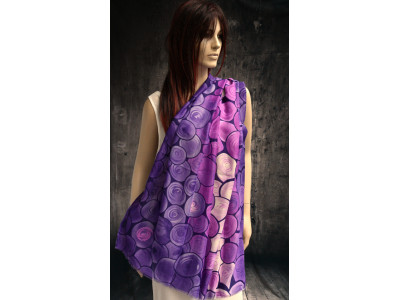 Soepele dunne sjaal met bollen, paars, fuchsia en offwhite