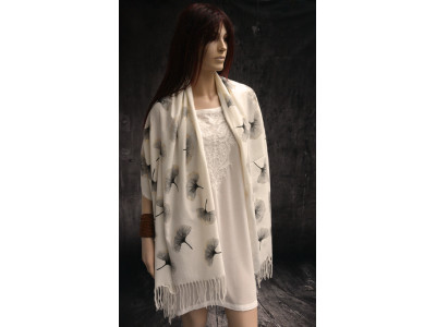 Zachte sjaal met print ginko biloba, offwhite, zwart en goud