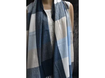 Warme wollen sjaal met ruit- of blokpatroon, blauw, beige, wit, grijs