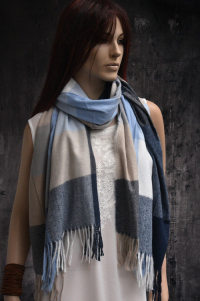 Warme wollen sjaal met ruit- of blokpatroon, blauw, beige, wit, grijs