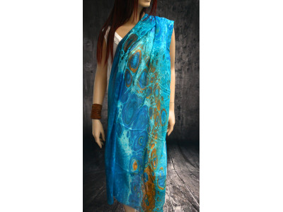 Turquoise met cognac superlichte doorzichtige zijden sjaal