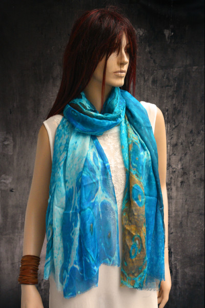 Turquoise met cognac superlichte doorzichtige zijden sjaal