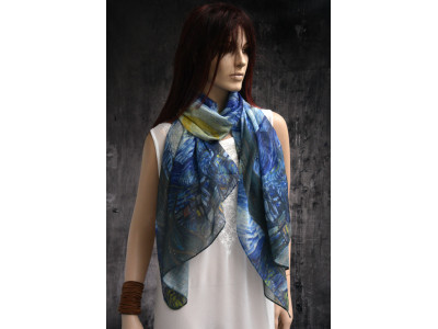 Dunne sjaal, inspiratie van Gogh, blauw, offwhite, geel, groen