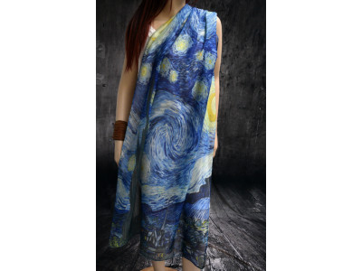 Dunne sjaal, inspiratie van Gogh, blauw, offwhite, geel, groen