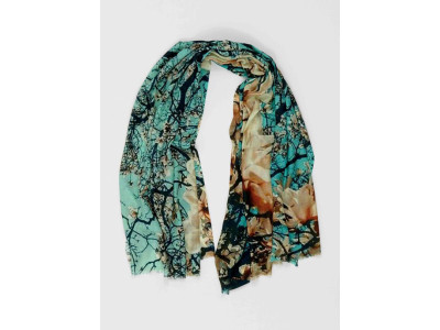 Sjaal van wol met zijde, turquoise, amandelbloesem
