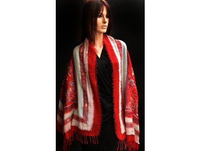 Wollen sjaal of stola, bohemian style, rood en wit