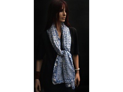 Katoenen sjaal of pareo, blauw en wit, originele blockprint