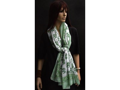 Katoenen sjaal of pareo met originele blockprint, groen en wit