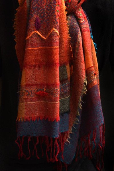 Wollen sjaal of stola, bohemian, oranje, bruin en turquoise
