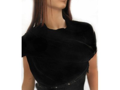 Zwarte zijde fluwelen sjaal gevoerd met zwarte chiffon zijde, bontfranjes
