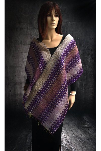 Zijden vintage kantha sjaal, paars bordeaux en mosterdgeel 