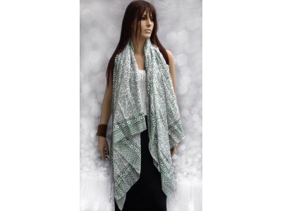 Katoenen sjaal of pareo met originele blockprint, wit en groen