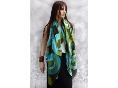 Sjaal of pareo, turquoise, groen en andere kleuren, geometrische figuren en bollen