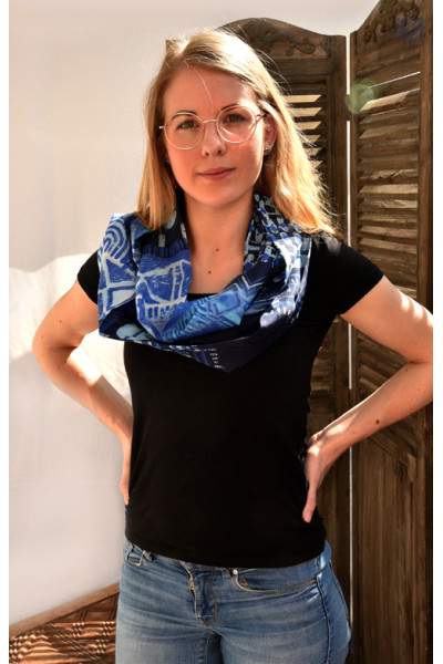 Katoenen rond sjaaltje, blauw, turquoise, wit