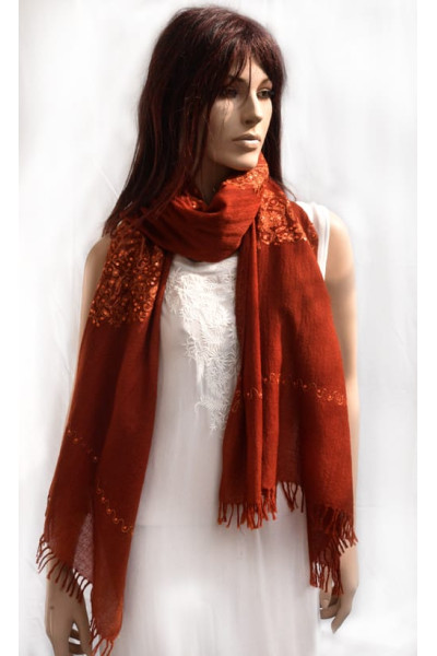 Wollen sjaal of stola, roestbruin, pailletjes, paisley motief