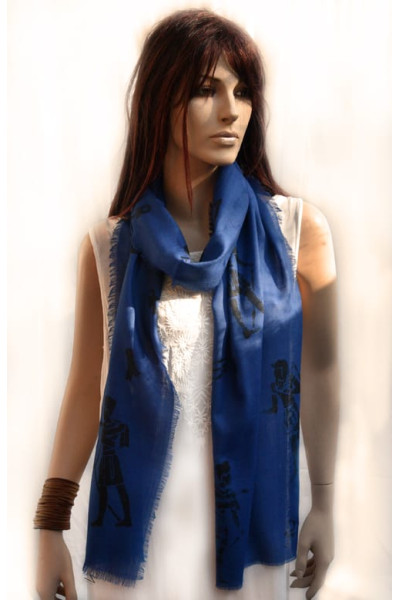 Wollen sjaaltje, smal, donkerblauw, egyptische symbolen