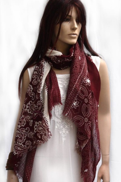 Wollen sjaal of stola, patchwork fantasie, bordeaux en offwhite