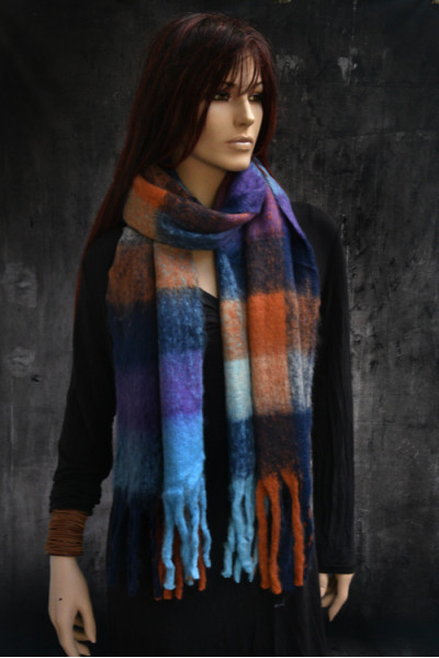 Warme zachte sjaal, blauw, cognac, paars