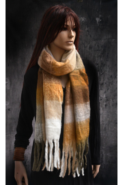 Warme lange zachte sjaal, offwhite, cognac en taupe