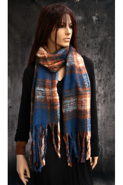 Heerlijk warme cocoonsjaal, strepen, blokken en ruiten, roodbruin, offwhite en petrol