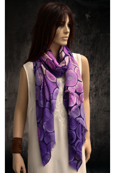 Soepele dunne sjaal met bollen, paars, fuchsia en offwhite