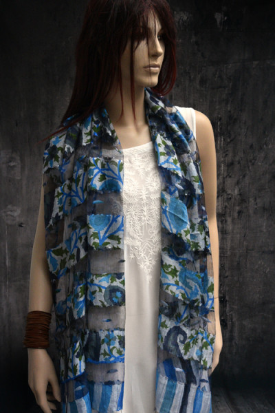 Heel doorzichtig sjaaltje met strepen en bloemen, blauw, groen, grijs