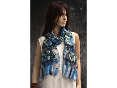 Heel doorzichtig sjaaltje met strepen en bloemen, blauw, groen, grijs