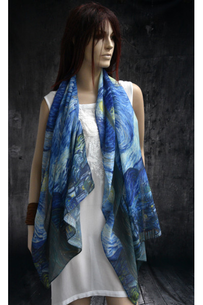 Dunne sjaal, inspiratie van Gogh, blauw, offwhite, geel, groen