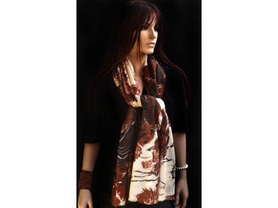 Wollen sjaal of stola, bruin en offwhite, bloemen