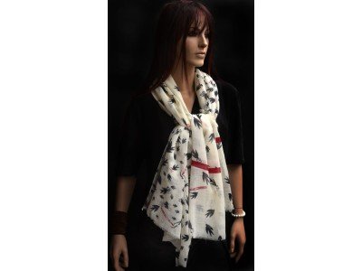 Wollen sjaal, vogels, offwhite, zwart en rood