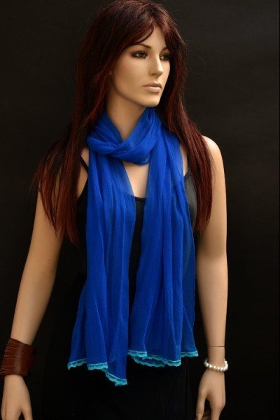 Chiffon zijden sjaal, cote d'azur met turquoise kantje onderaan