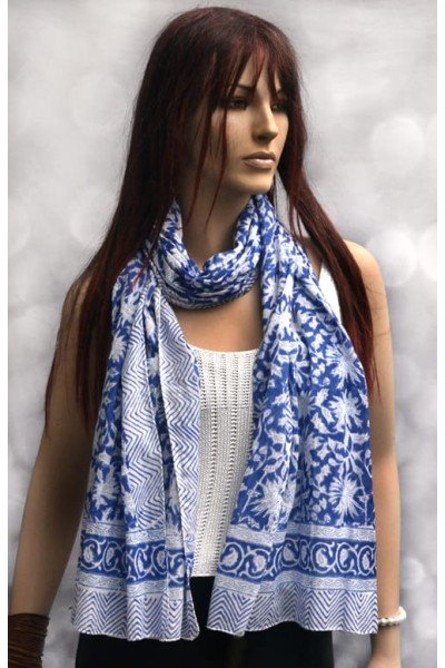 Katoenen origineel blockdrukprint sjaaltje, blauw en wit