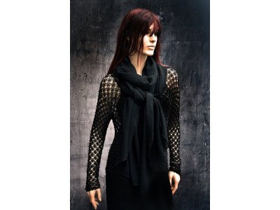 Zwarte wollen sjaal of stola, extra extra lang, doorzichtig, licht elastisch