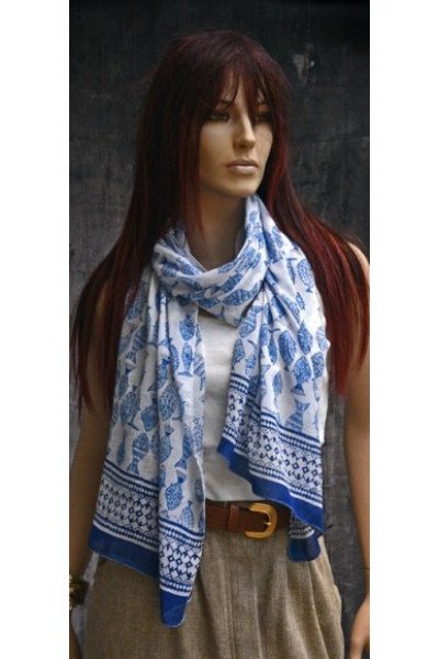 Origineel blockprintsjaaltje, blauw en wit