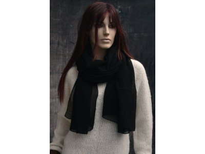 Zwarte wollen sjaal of stola, extra extra lang, doorzichtig, licht elastisch